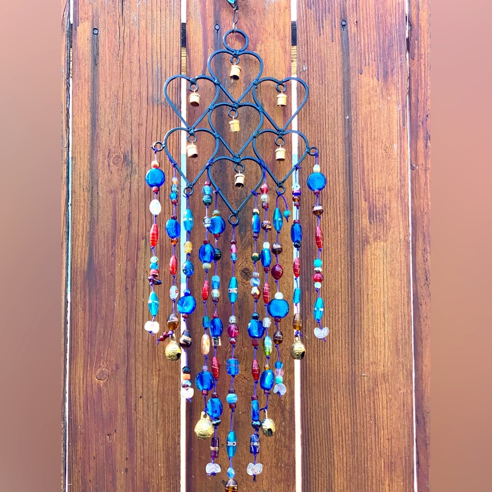 Diamond Shaped Heart Wind Chimes Hand Blue Glass Beads (Made To Order)